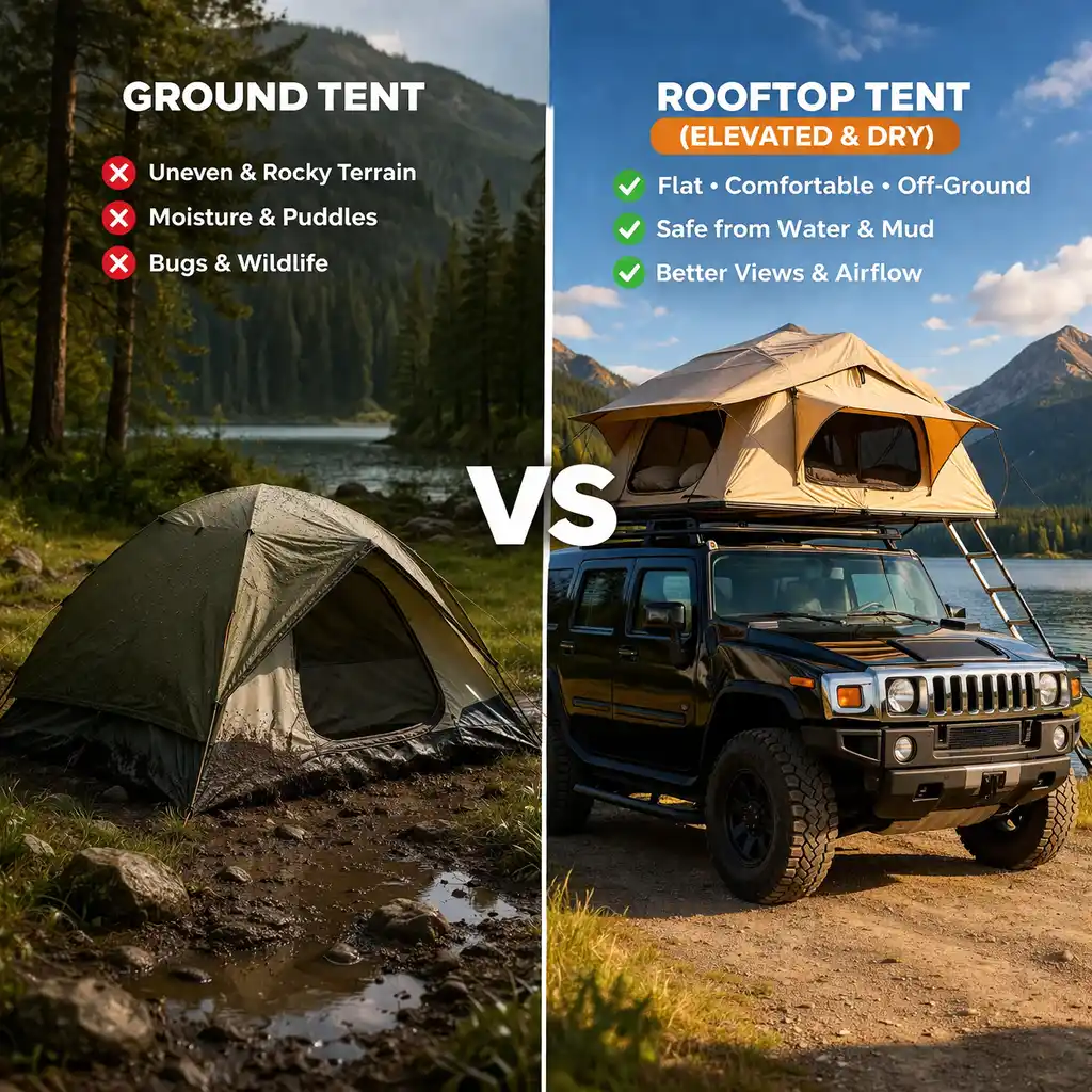 rooftop tent vs ground tent comparison camping setup showing elevated vs ground camping