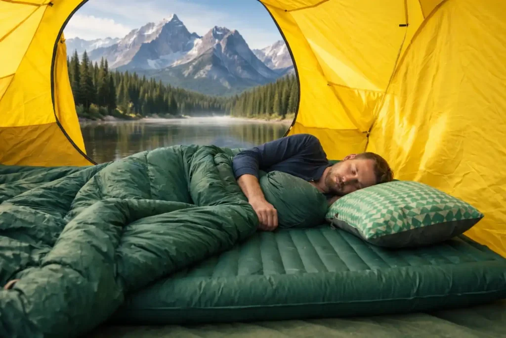 A man sleeping inside a yellow tent on an inflatable pad by a mountain lake with snow-capped peaks in the background