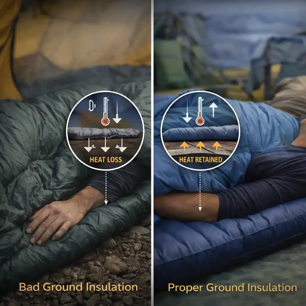 Comparison of sleeping pad vs sleeping bag showing ground insulation and heat loss during camping sleep setup