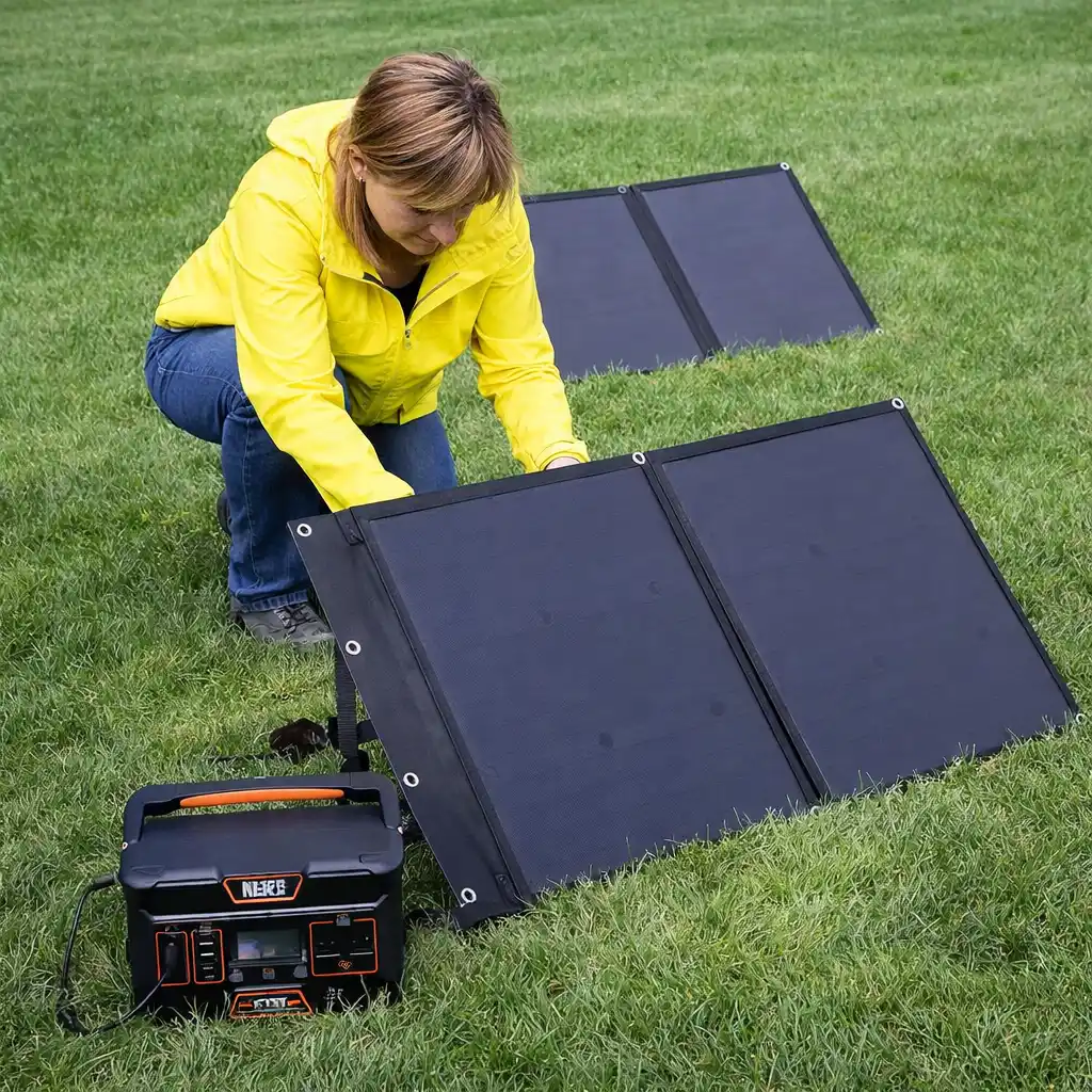 portable camping solar panel setup powering devices during off-grid camping in mountain environment