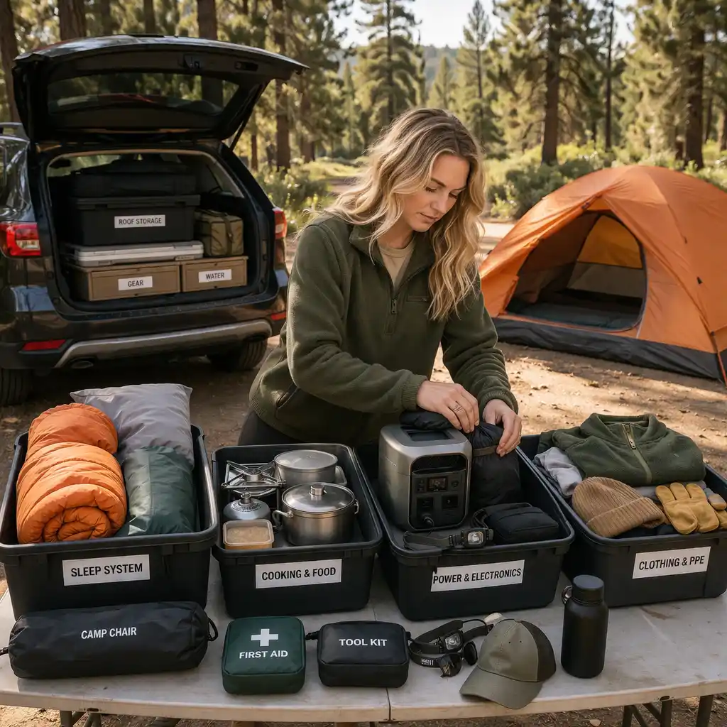 vehicle camping gear organization with labeled storage bins sleep system cooking gear and power system packed for real world use