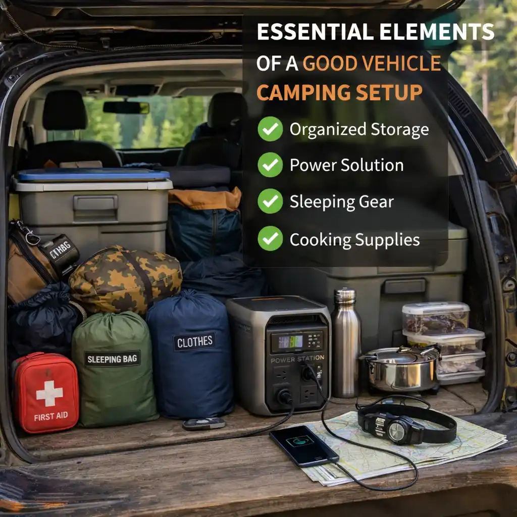 complete vehicle camping setup with organized gear storage power station sleeping system and cooking equipment in car trunk