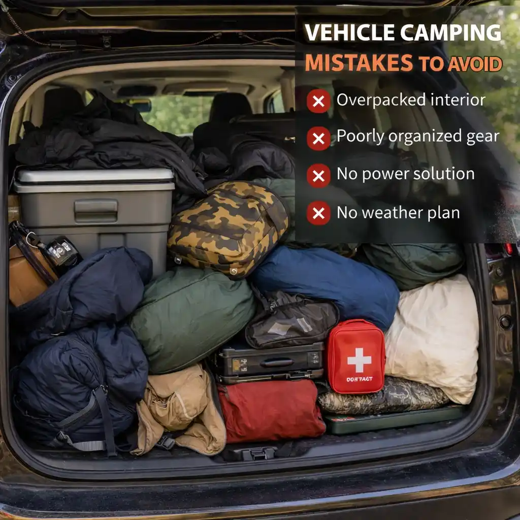 vehicle camping setup mistakes with overpacked car trunk disorganized gear and inefficient storage system