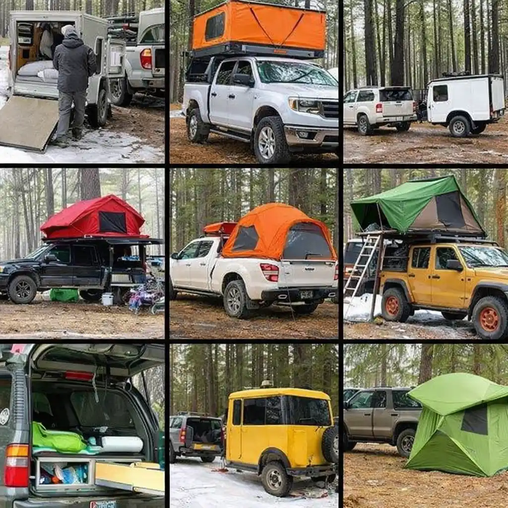 vehicle camping setup styles comparison with rooftop tents, car interior sleeping, and full vehicle camping systems in forest
