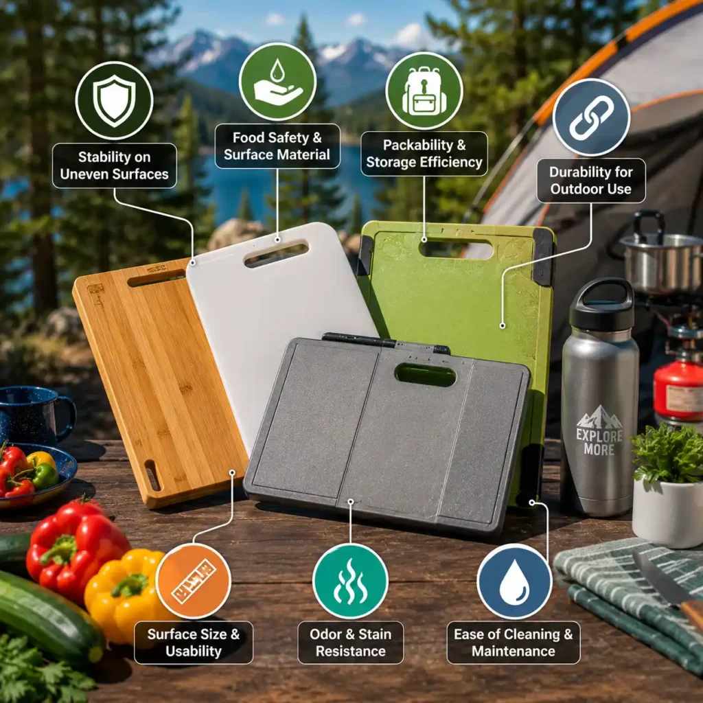 Different camping cutting boards displayed at a campsite, highlighting important features such as food safety, durability, packability, ease of cleaning, and stability.