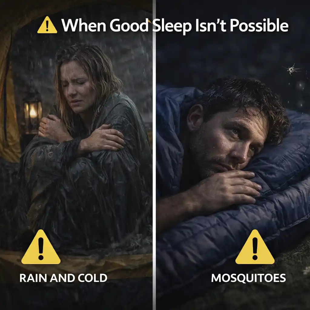 Camping conditions where sleep is not possible showing cold wet camper in rain and camper disturbed by mosquitoes at night