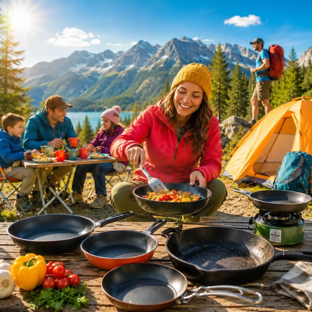 Campers cooking outdoors with camping frying pans at a sunny mountain campsite including families and car campers
