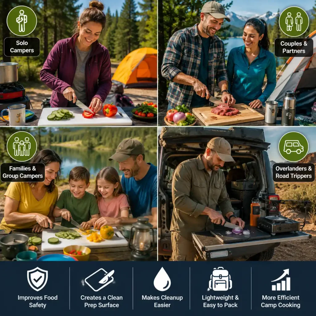 Different types of campers using camping cutting boards, including solo campers, couples, families, and overlanders preparing food outdoors.