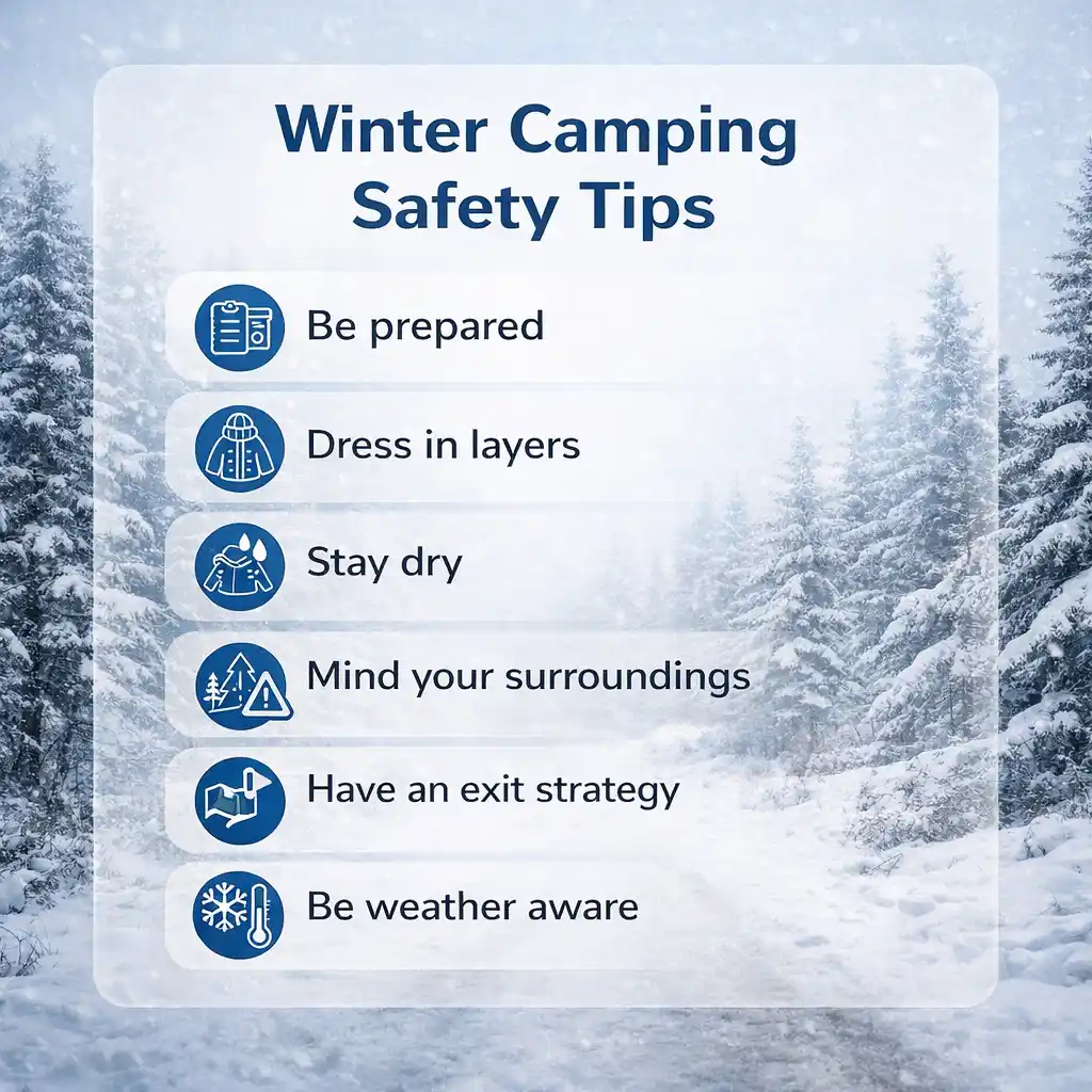 winter camping safety tips cold weather preparation layering staying dry and emergency planning