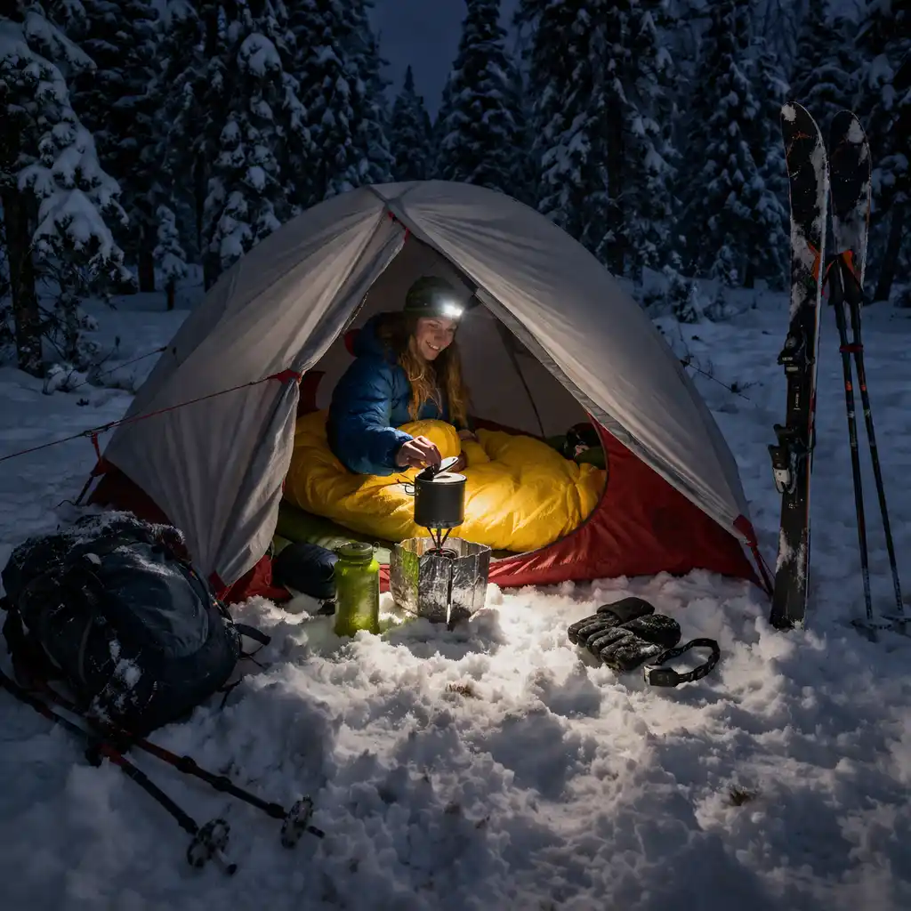 winter night camping in snowy forest with tent and yellow sleeping bag showing how temperature feels colder at night due to conditions