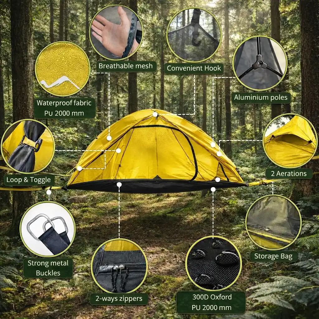 Yellow tree tent hammock with waterproof fabric and flat lay design camping setup