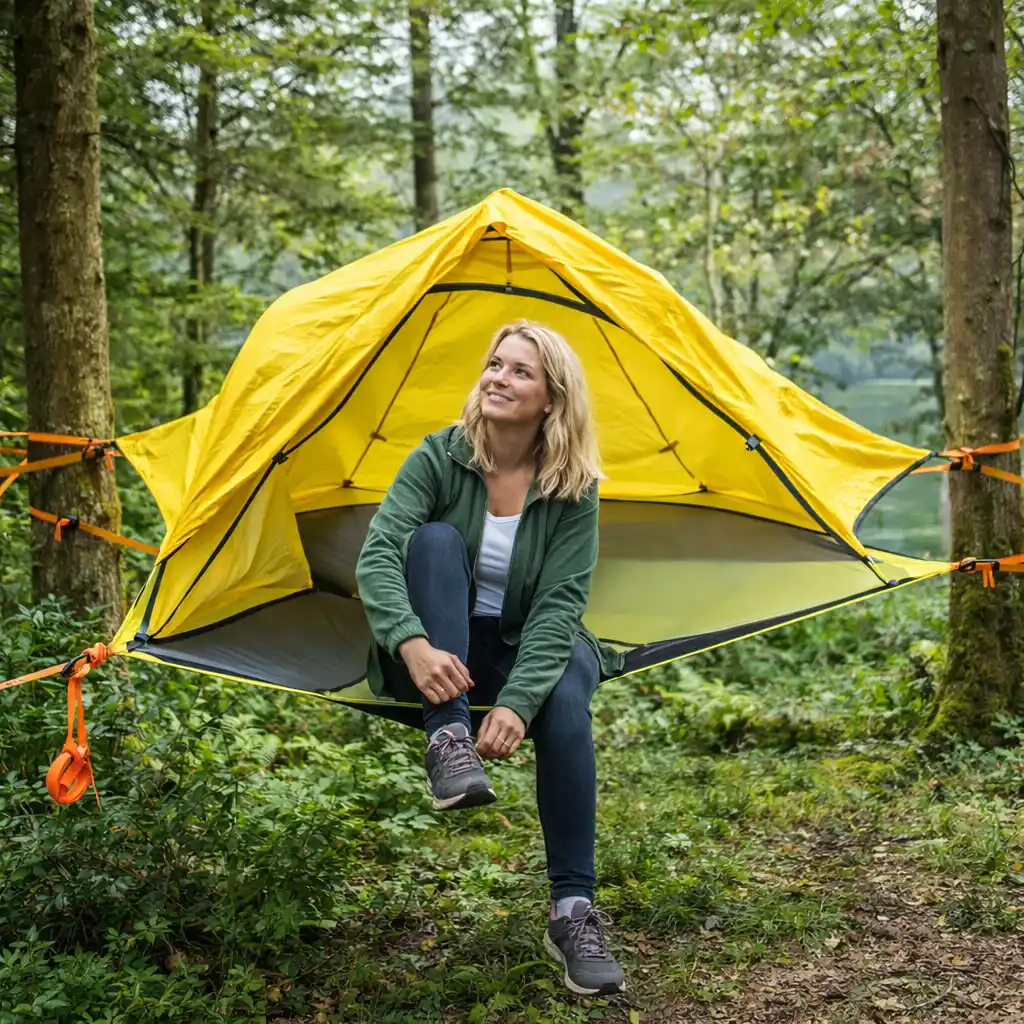 Best tree tent for camping yellow suspended tent with woman relaxing