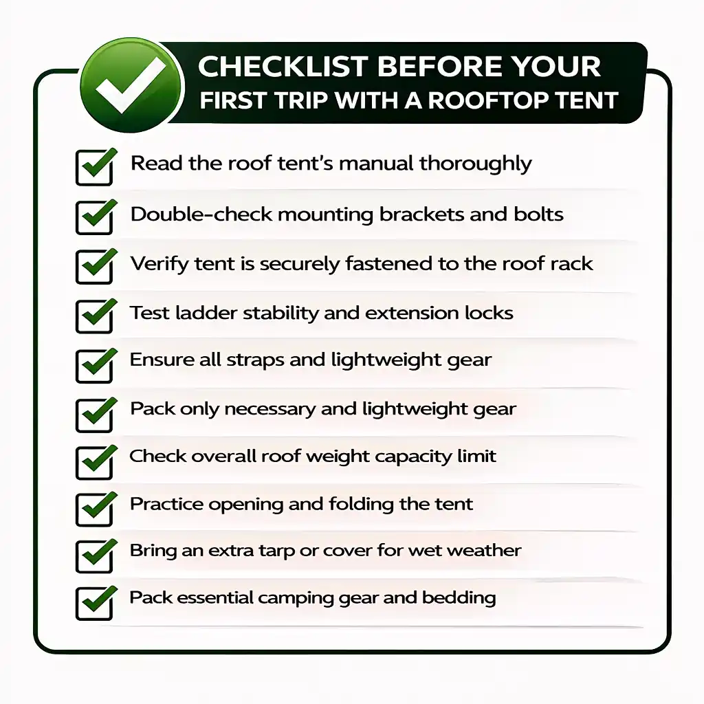 Checklist before first trip with rooftop tent including safety checks, mounting verification, and packing essentials