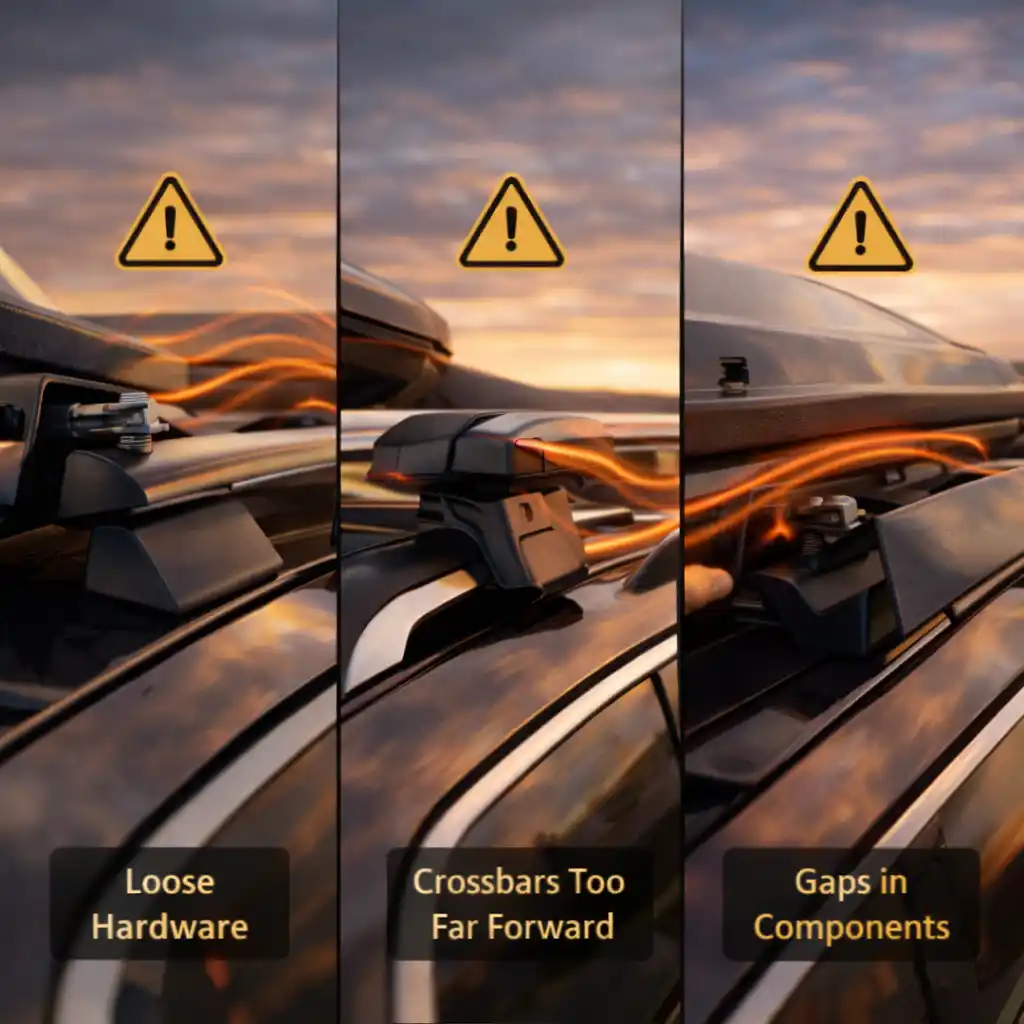 common roof rack installation mistakes causing noise including loose mounts forward crossbars and gaps in components