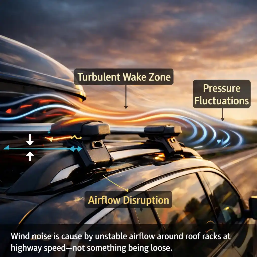airflow turbulence over roof rack and cargo box at highway speed showing how wind creates noise