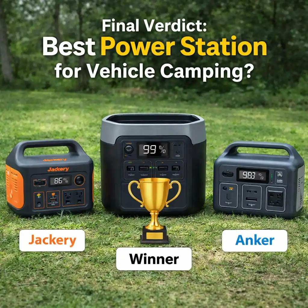 Comparison of three portable power stations with a winner highlighted for vehicle camping