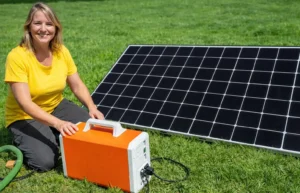 Woman using a portable power station connected to a solar panel on green grass for vehicle camping