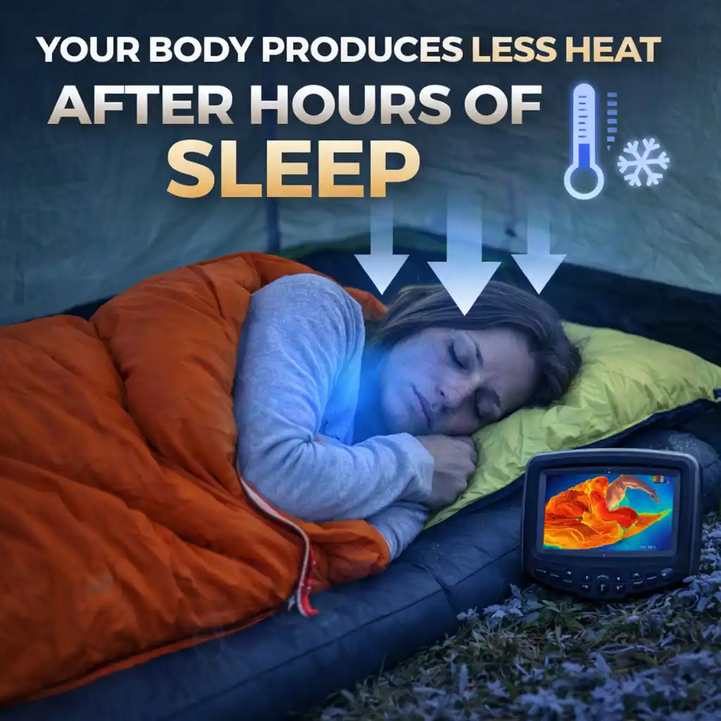 Woman sleeping in sleeping bag inside tent showing reduced body heat after hours of sleep in cold conditions