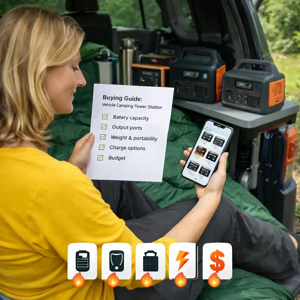 Woman choosing a portable power station for vehicle camping while reviewing features on a checklist and smartphone