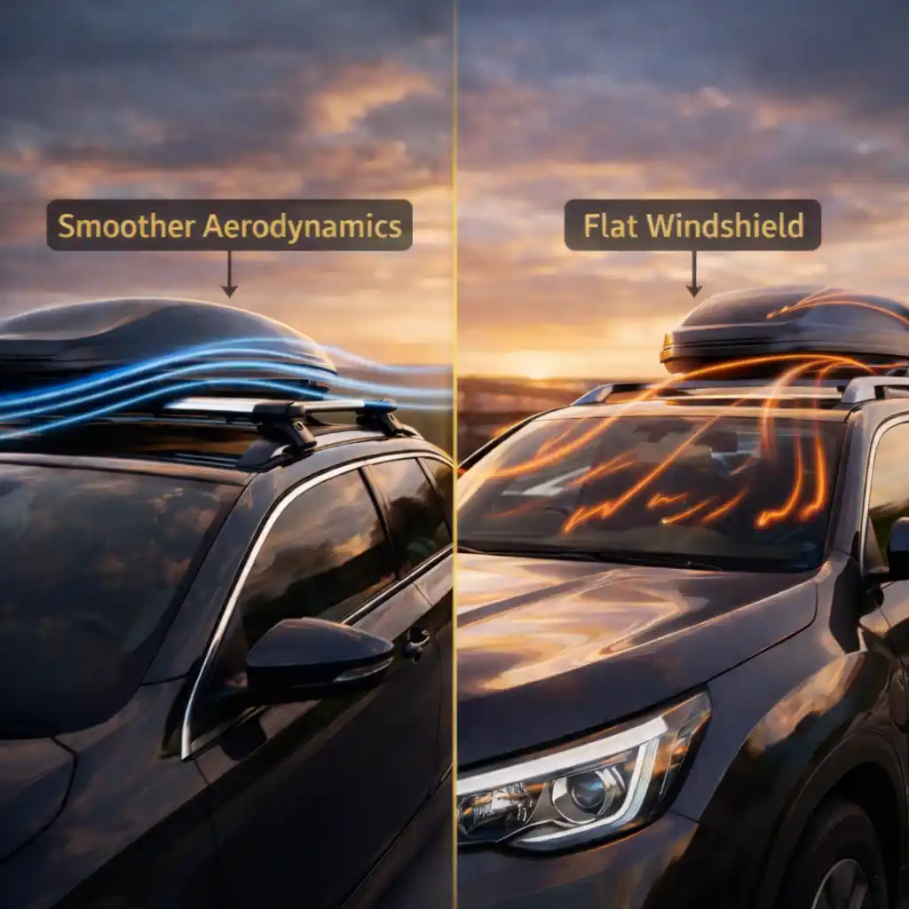comparison of airflow over roof rack on SUV and wagon showing how vehicle shape affects wind noise at high speed