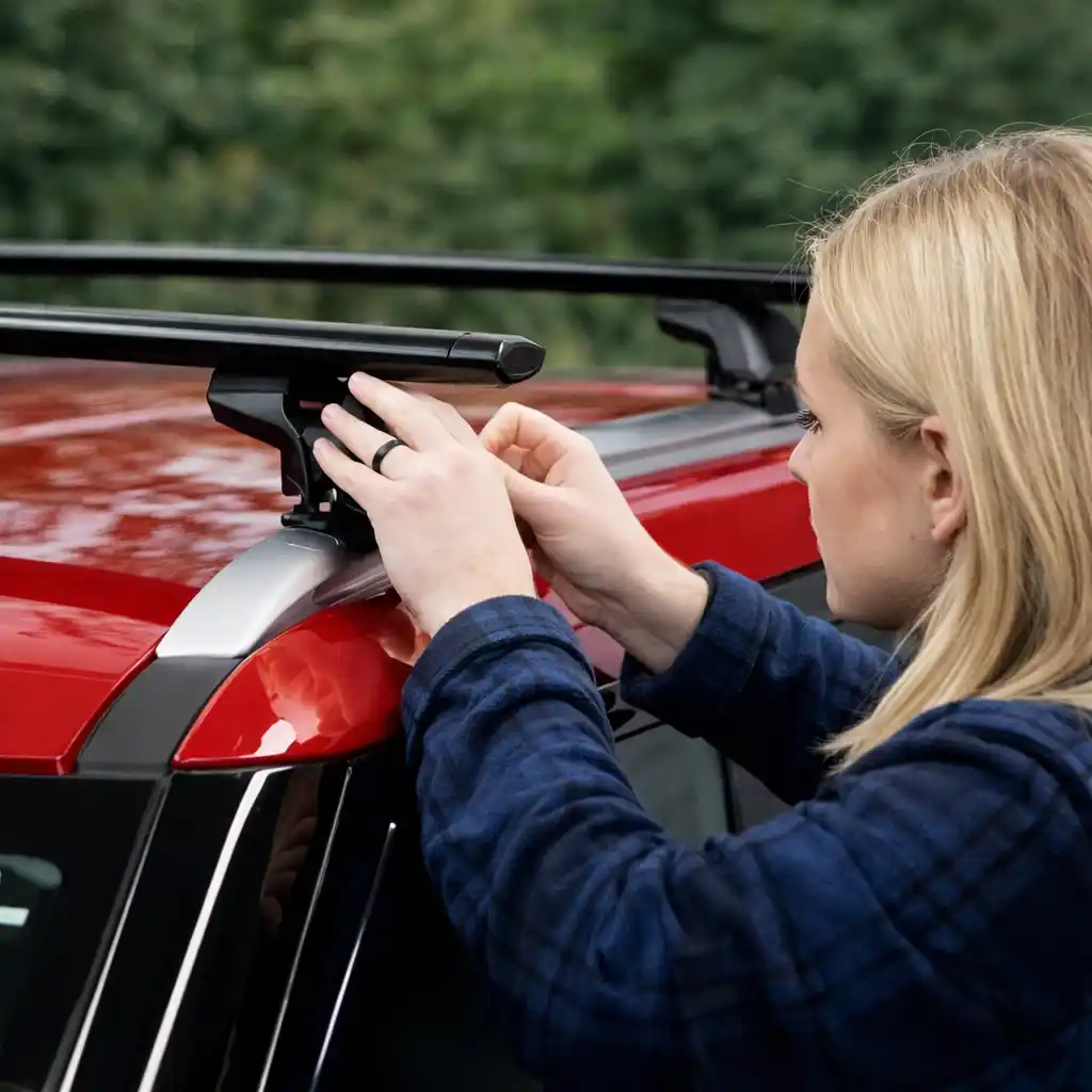 Woman checking roof rack installation on a car to ensure proper fit and secure mounting