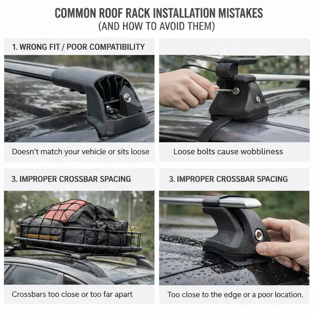 Infographic showing common roof rack installation mistakes and how to avoid them with correct examples