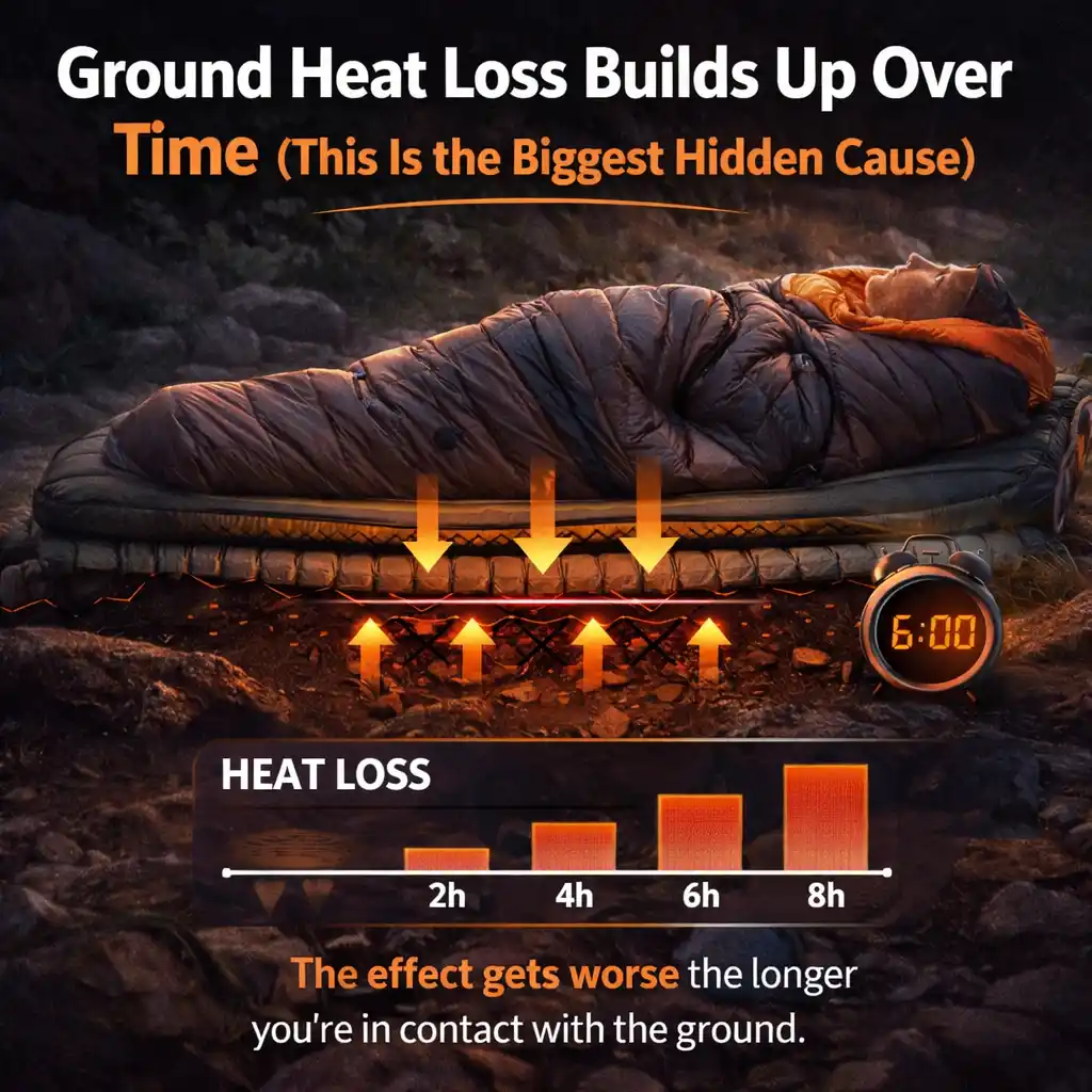 Sleeping bag on air mattress losing heat to cold ground during night camping conditions