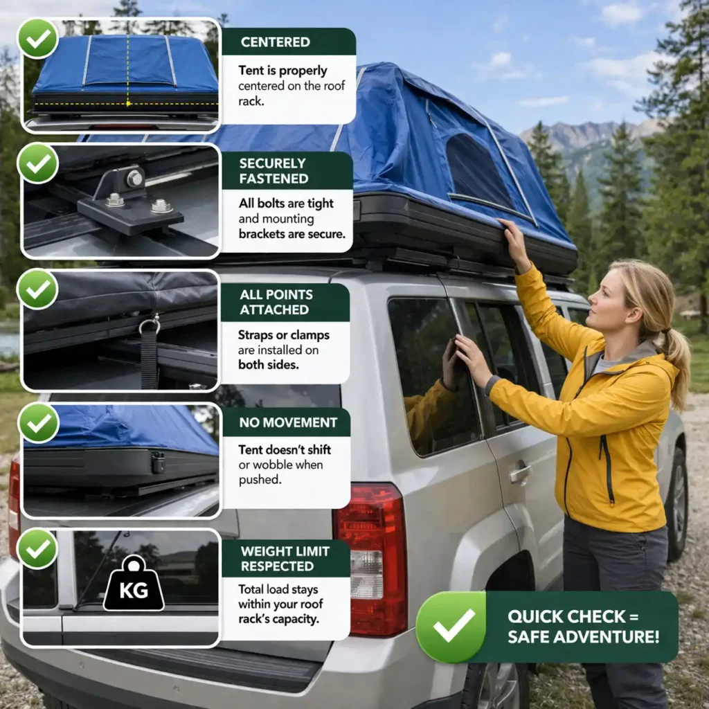 Rooftop tent mounted on SUV showing correct installation with proper centering, secure attachment, and weight limit compliance