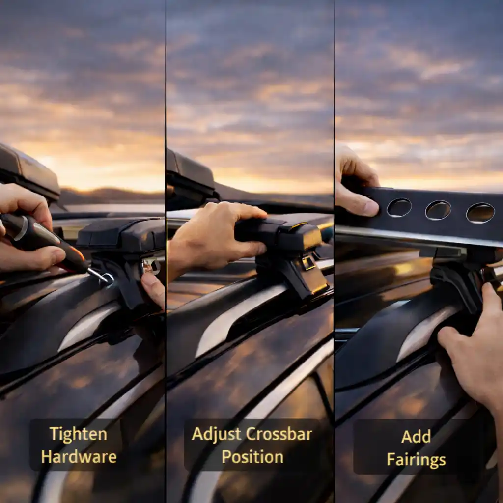 step by step fixing roof rack noise by tightening mounts adjusting crossbar position and adding wind fairing