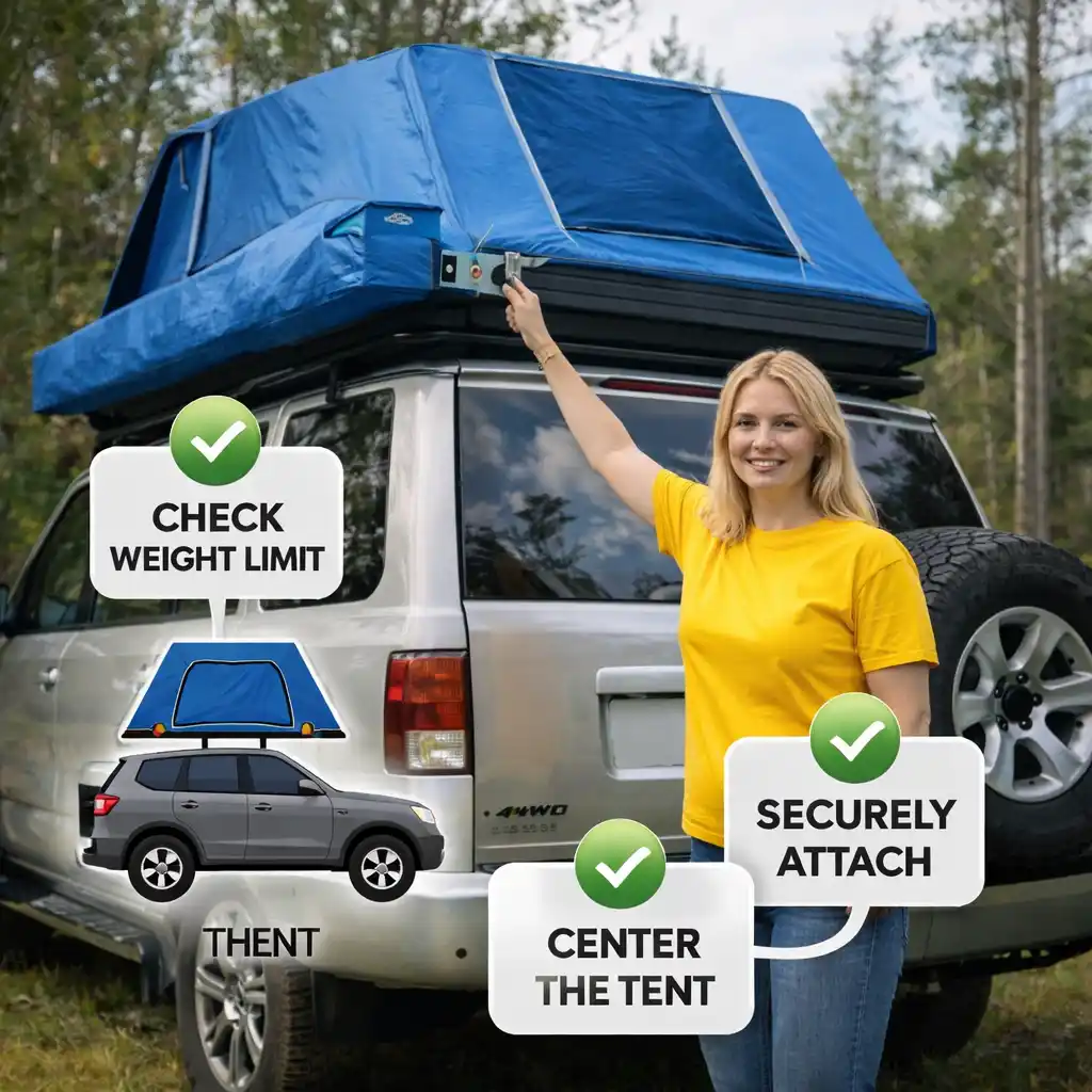 Woman mounting a rooftop tent on SUV showing key steps including weight limit check, centering, and secure attachment