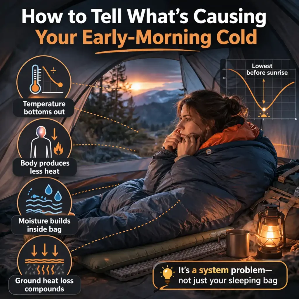 woman in sleeping bag inside tent at sunrise feeling cold with infographic explaining early morning temperature drop body heat loss moisture and ground insulation