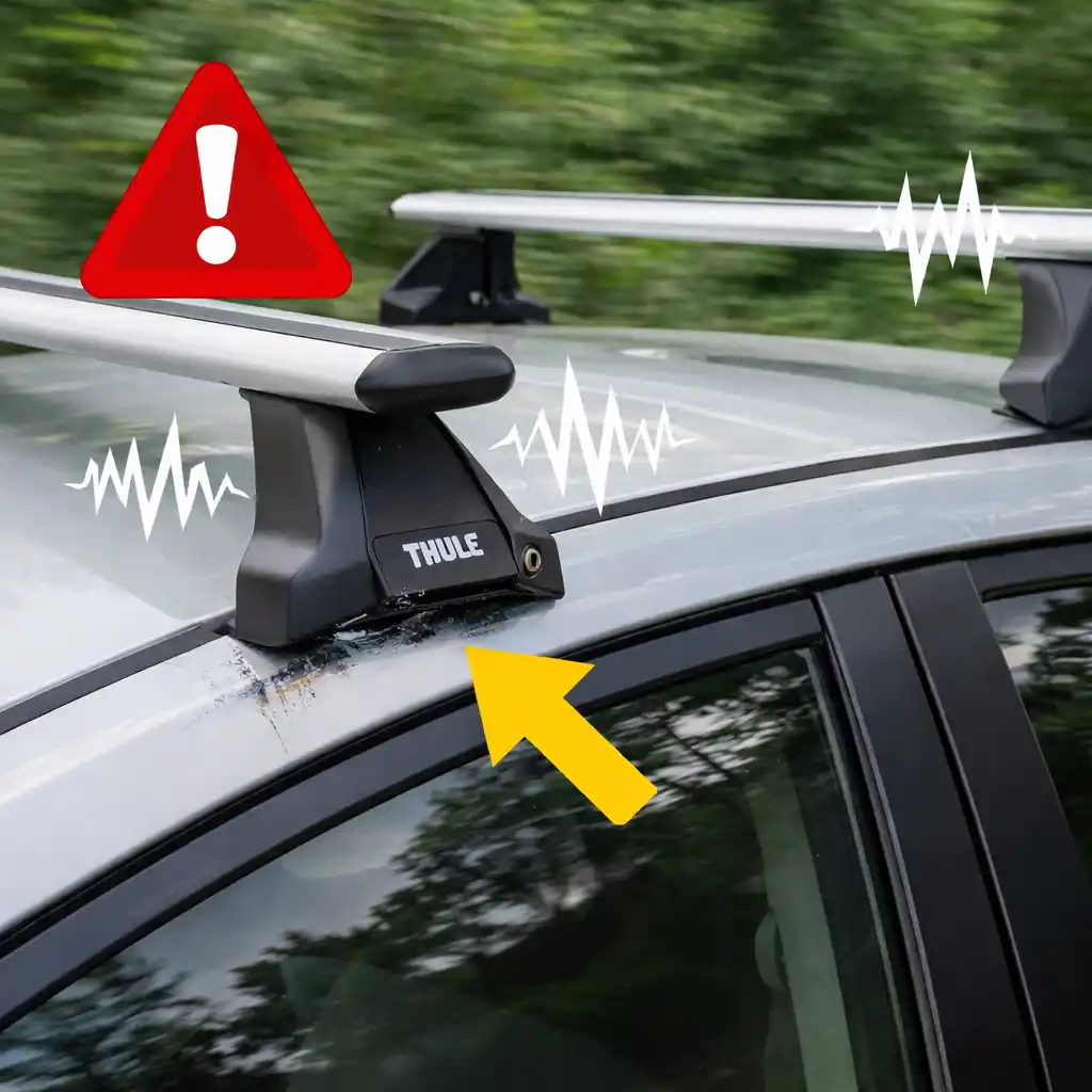 Incorrectly installed roof rack causing noise, paint damage, and instability on a car