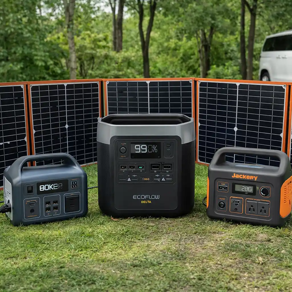 Three different portable power stations with solar panels in a camping setup for comparison