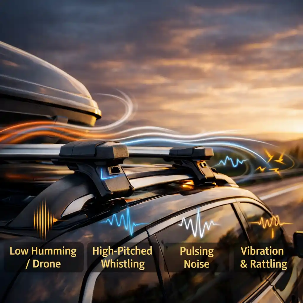 different types of roof rack noise including humming whistling and vibration caused by airflow at highway speed