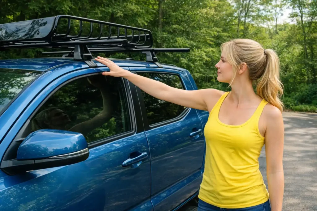Blue SUV with roof rack causing wind noise at high speed