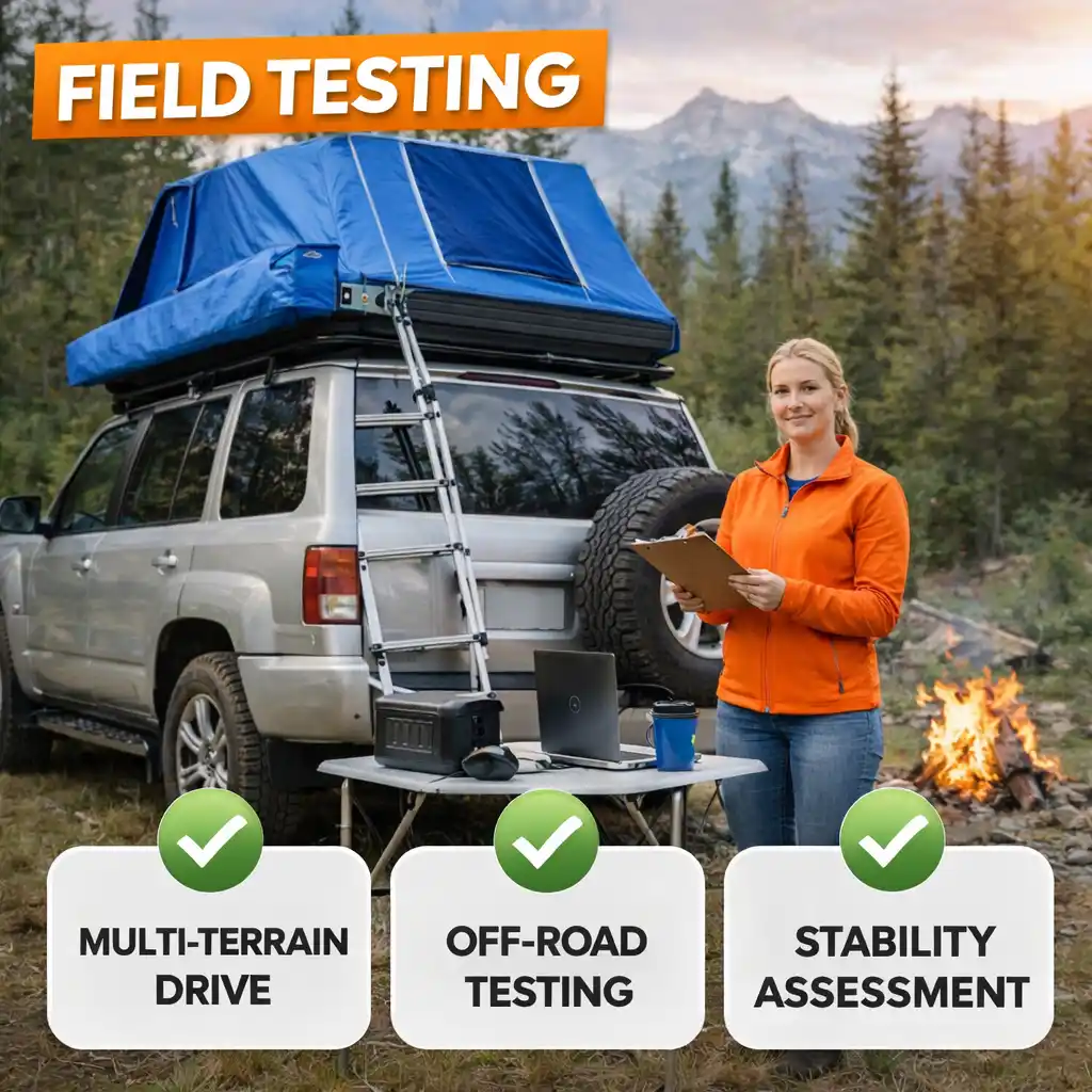 Rooftop tent mounted on SUV during real-world field testing with off-road driving and stability assessment