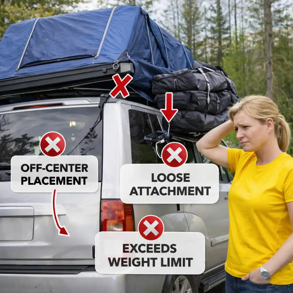 Common rooftop tent mounting mistakes including off-center placement, loose attachment, and exceeding weight limit on SUV roof