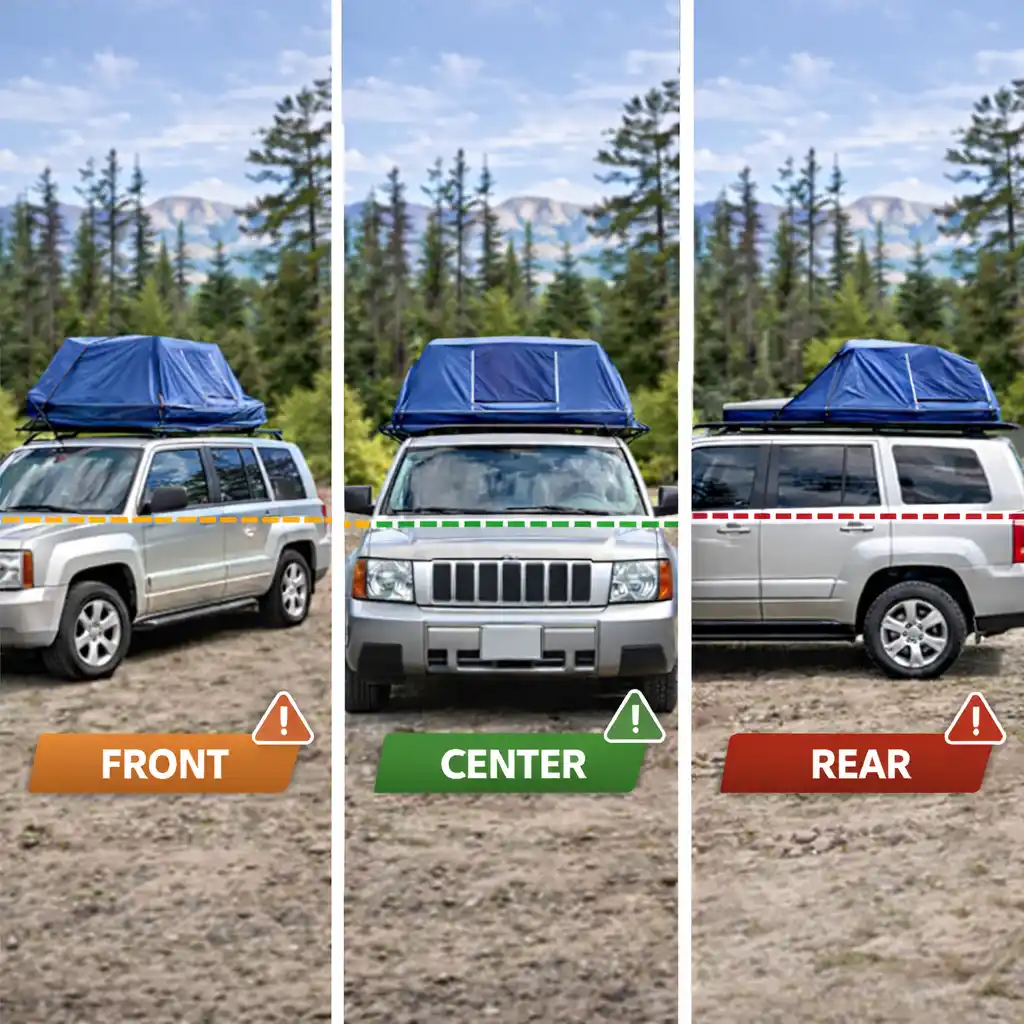 Comparison of rooftop tent positions on SUV showing front, center, and rear placement for proper weight distribution