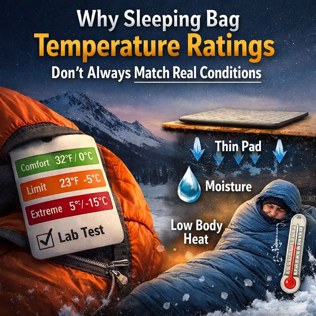 Sleeping bag temperature ratings vs real conditions showing lab rating tag, cold ground, moisture buildup, and reduced body heat at night