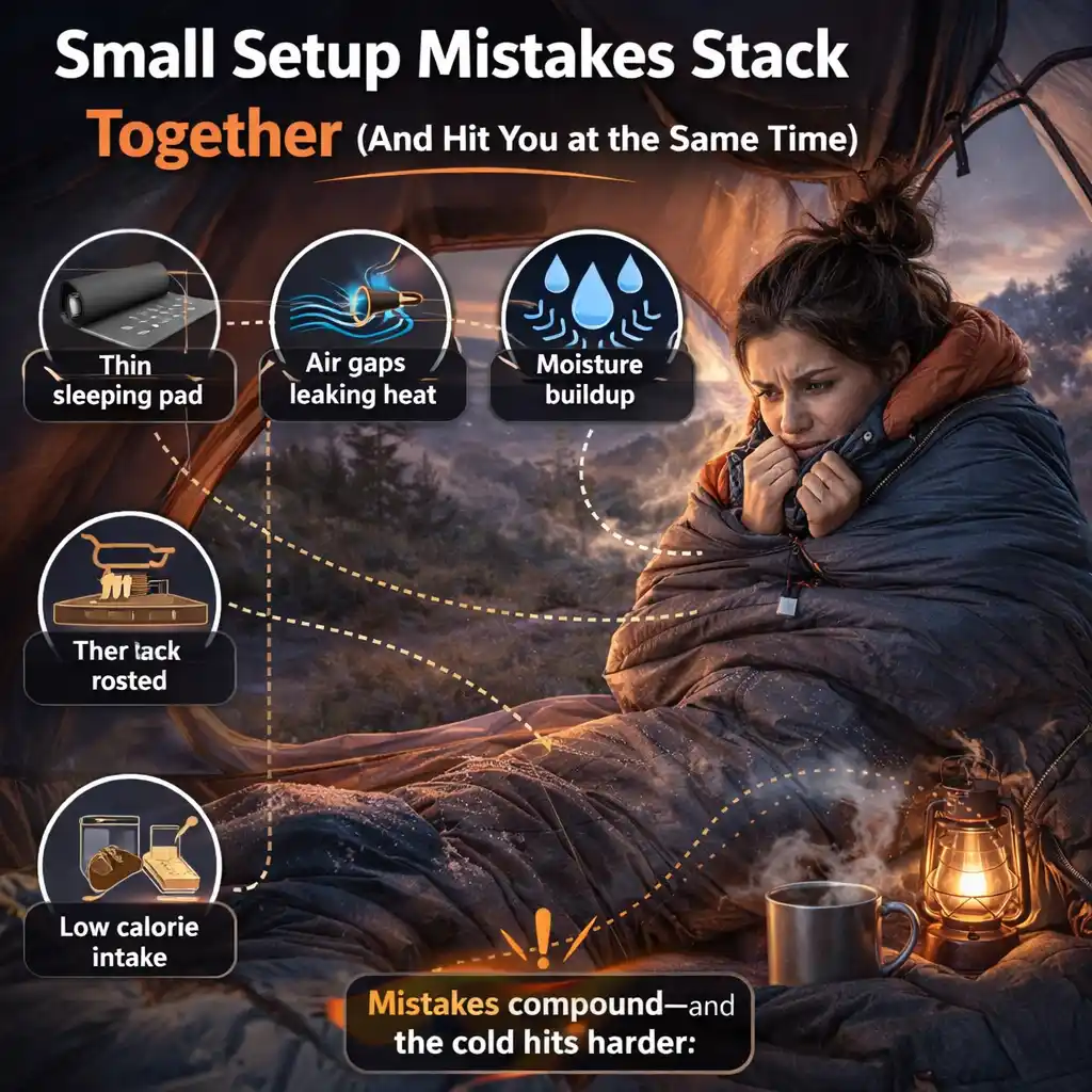 camper feeling cold in sleeping bag at sunrise with infographic showing small setup mistakes like thin sleeping pad air gaps moisture buildup and low calorie intake