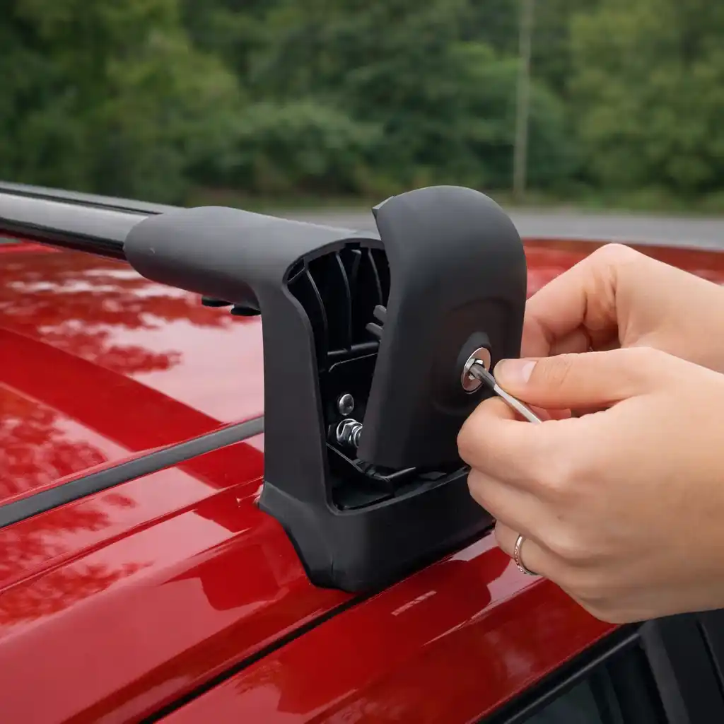 Close-up of hands installing a roof rack on a red car using a tool step by step