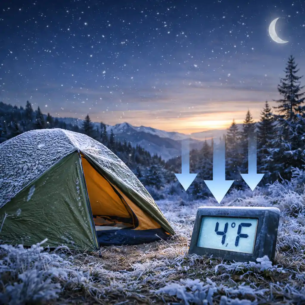 Frosty campsite with tent and thermometer showing low temperature before sunrise in cold mountain conditions