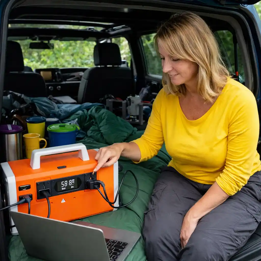 Woman testing a portable power station inside a vehicle camping setup while charging devices