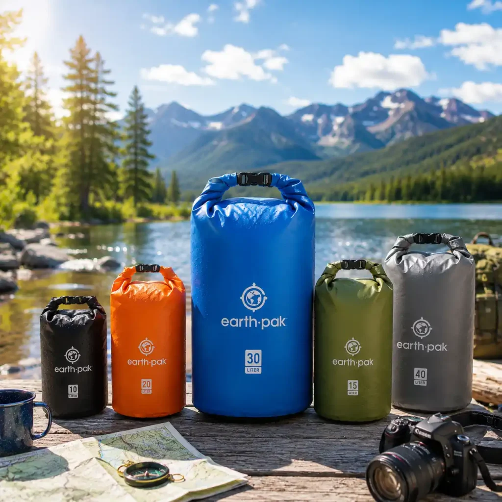 Waterproof camping dry bags beside a sunny mountain lake during an outdoor camping trip