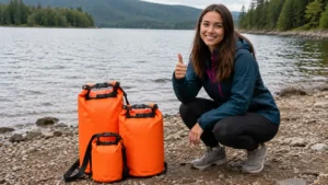 Woman smiling beside bright orange waterproof dry bags near a lakeside campsite