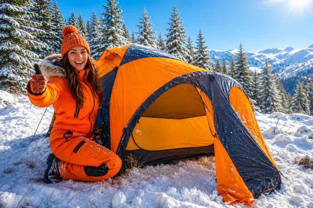 Bright orange cold-weather camping tent in snowy mountains with smiling woman in winter suit giving thumbs up beside the tent