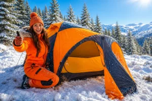 Bright orange cold-weather camping tent in snowy mountains with smiling woman in winter suit giving thumbs up beside the tent