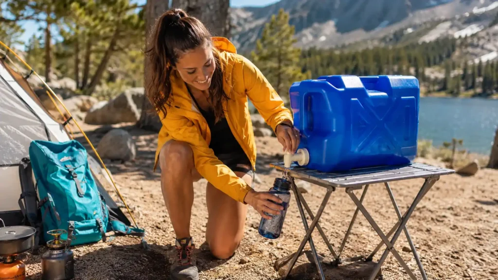 Woman filling a reusable water bottle from a camping water container at a sunny lakeside campsite