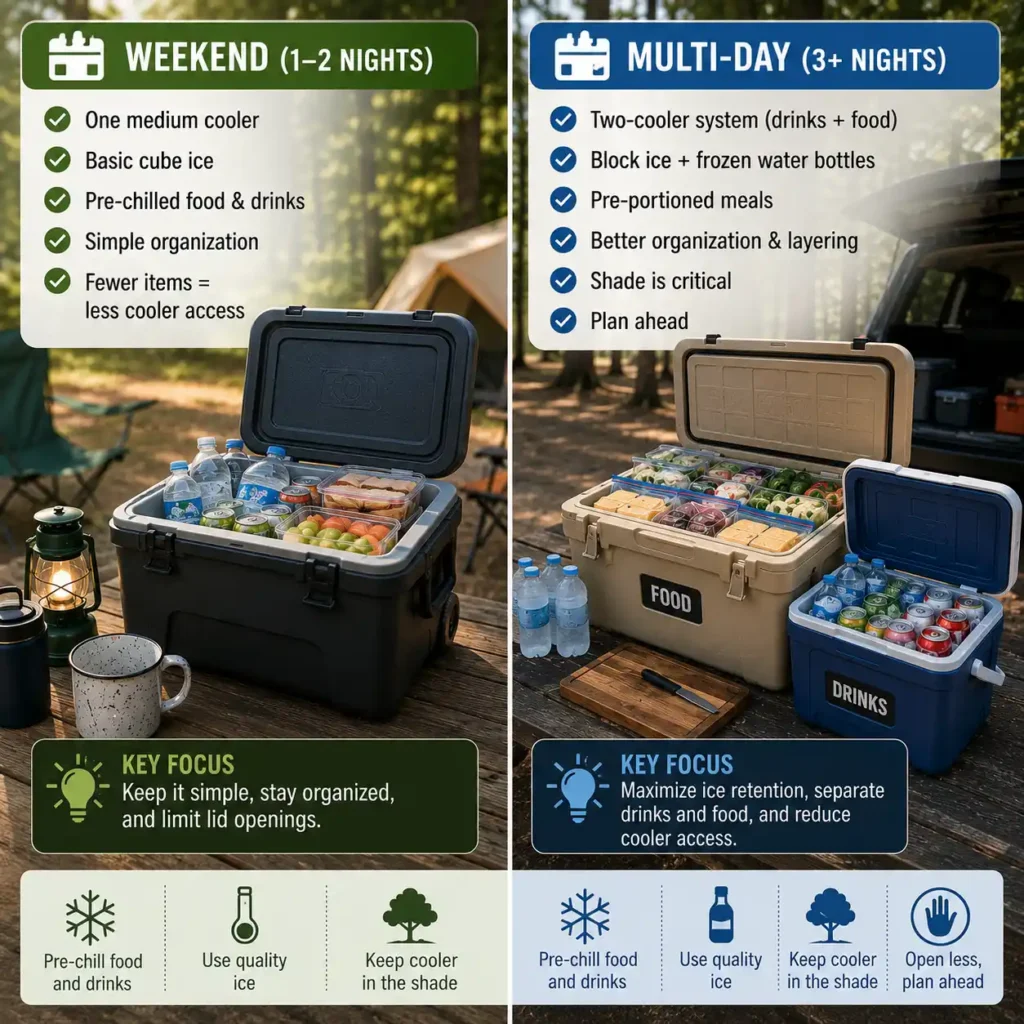 Comparison of weekend and multi-day camping cooler setups with organized food and drink storage systems