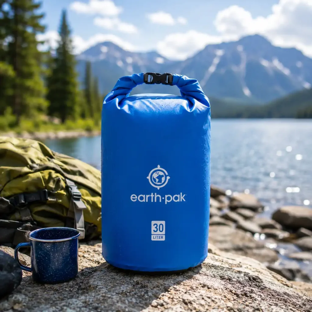 Earth Pak waterproof dry bag beside a mountain lake during a sunny camping trip